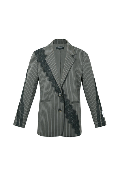 Woven Polyester Fiber Women's Suit Set Elegant Stripes Lace Panel