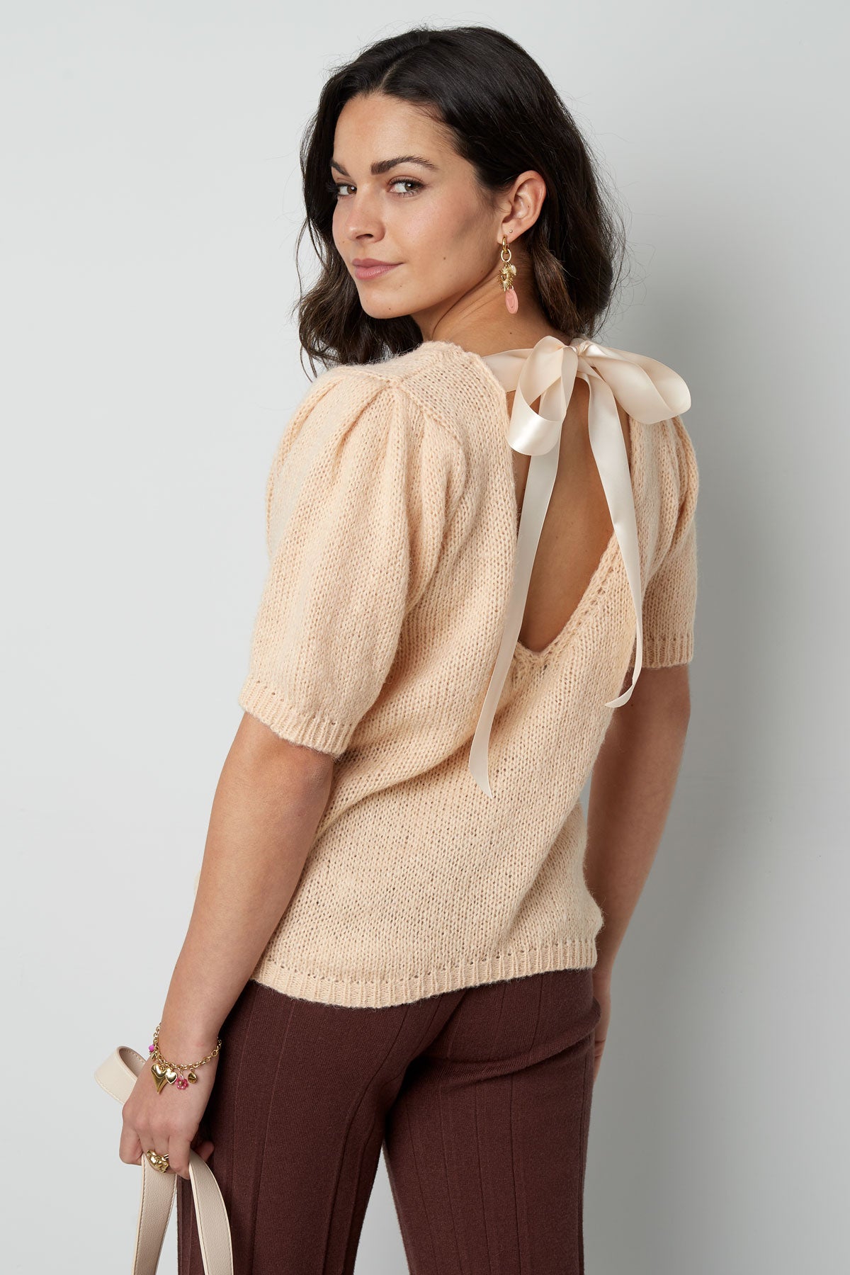 Nylon Women's Short Sleeve Top Knitted Back Tie Design