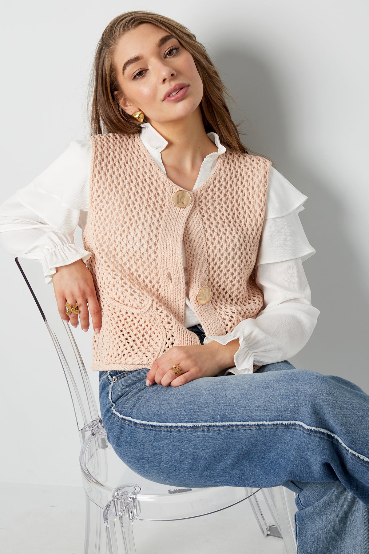 Knitted Polyester Women's Knit Spencer Openwork Design