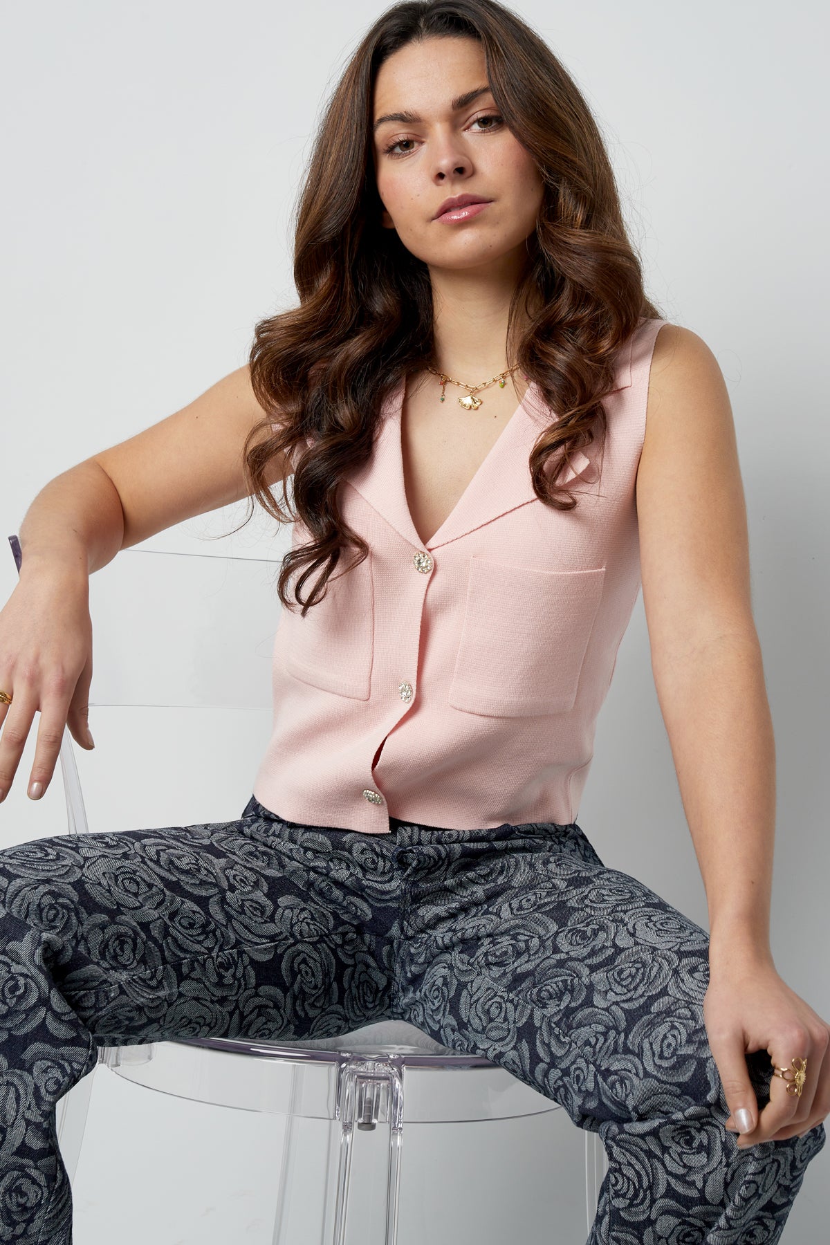 Viscose Women's Sleeveless Top V-Neck Buttoned Front