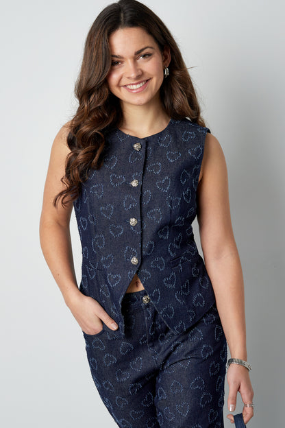 Cotton Women's Sleeveless Top Heart Pattern Button Front