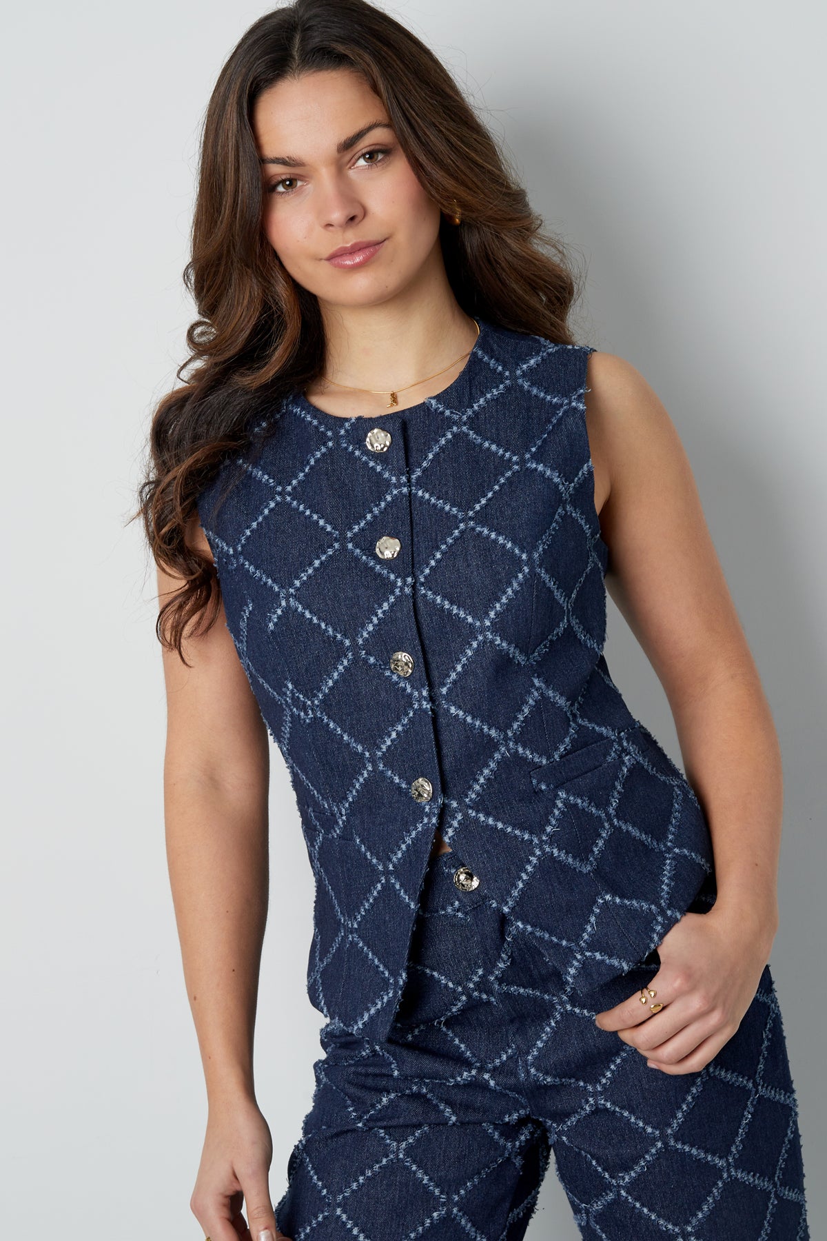 Cotton Women's Sleeveless Top Buttoned Geometric Pattern