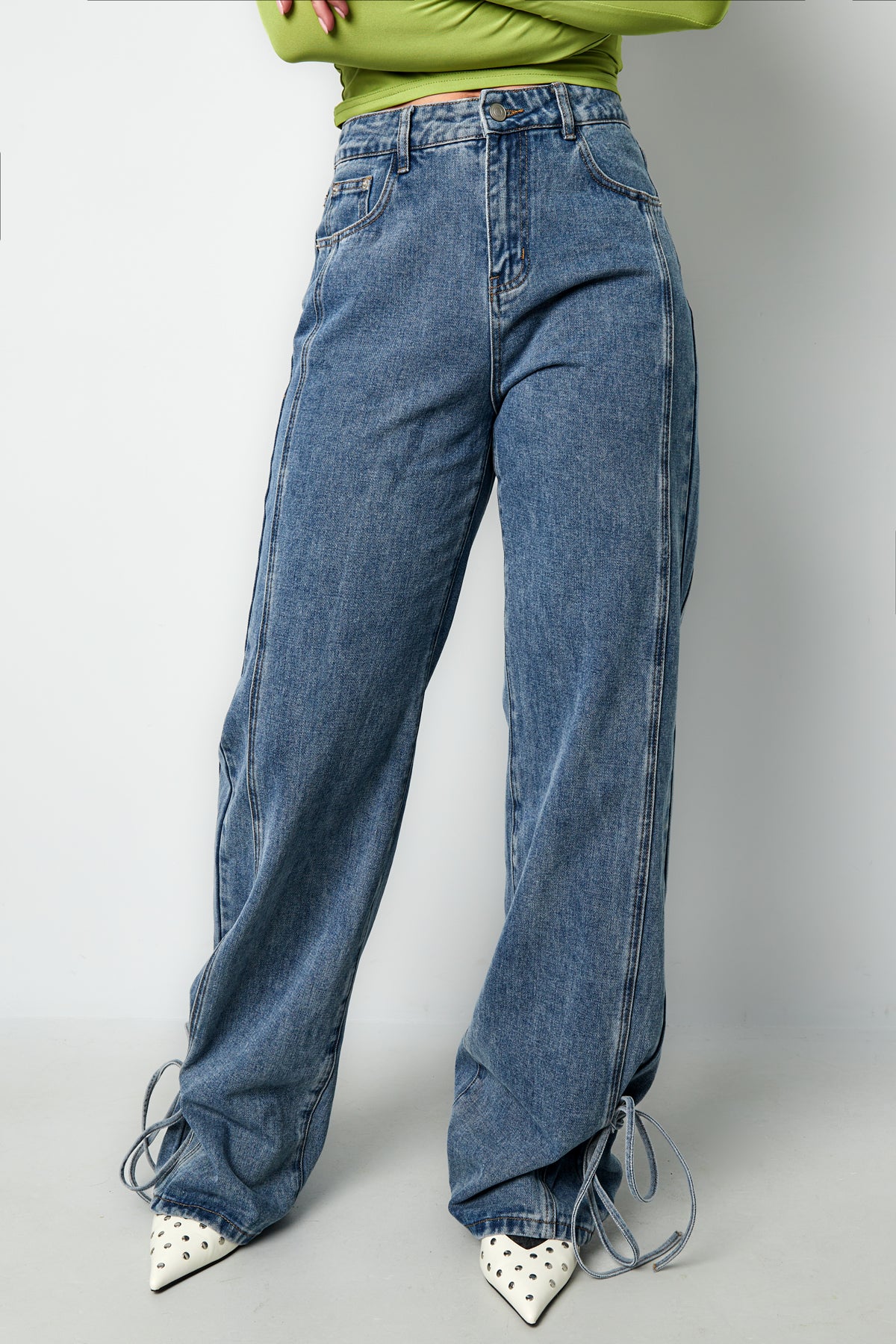 Cotton Woven Women's Straight Leg Denim Pants Casual Knot Detail
