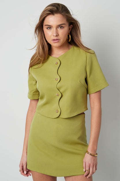 Polyester Women's Short Sleeve Top Cropped Style Buttoned Front