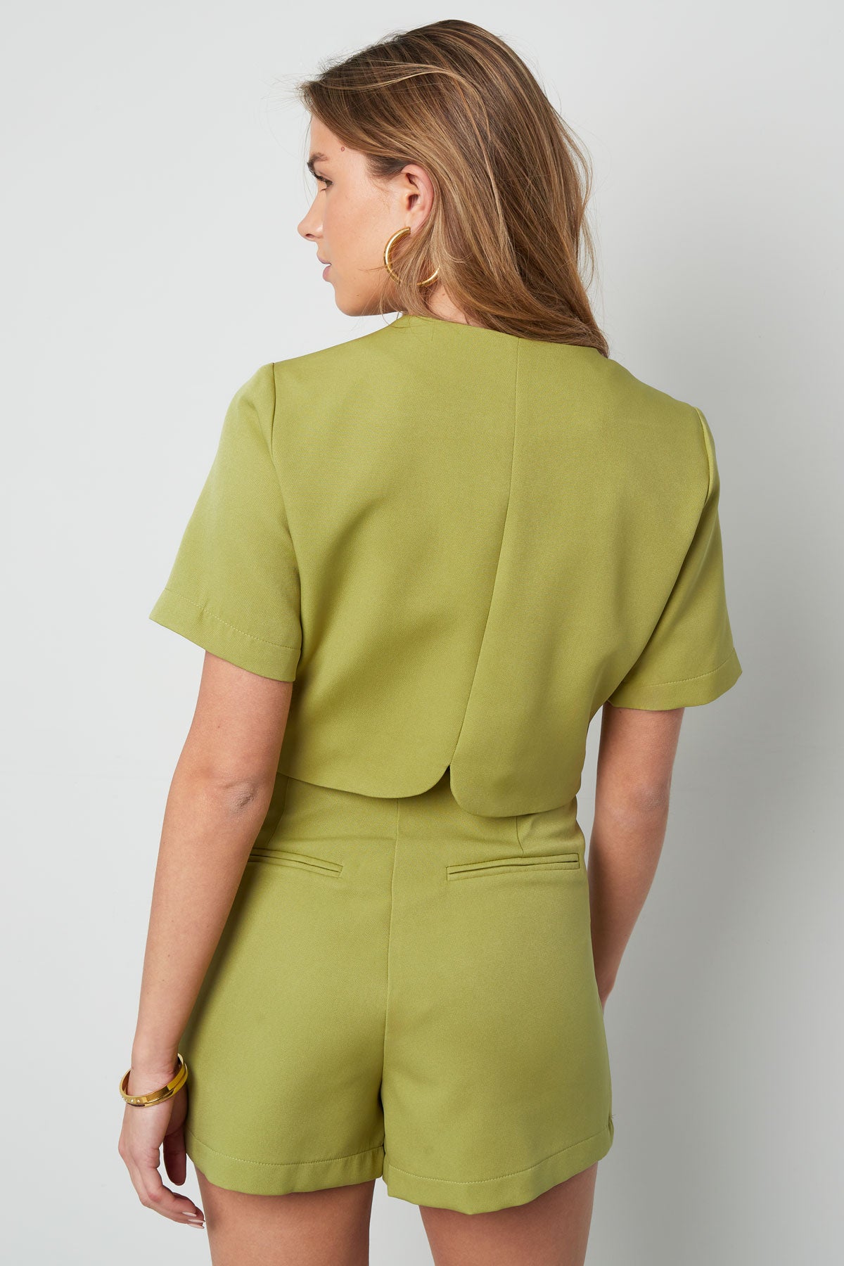 Polyester Women's Short Sleeve Top Cropped Style Buttoned Front