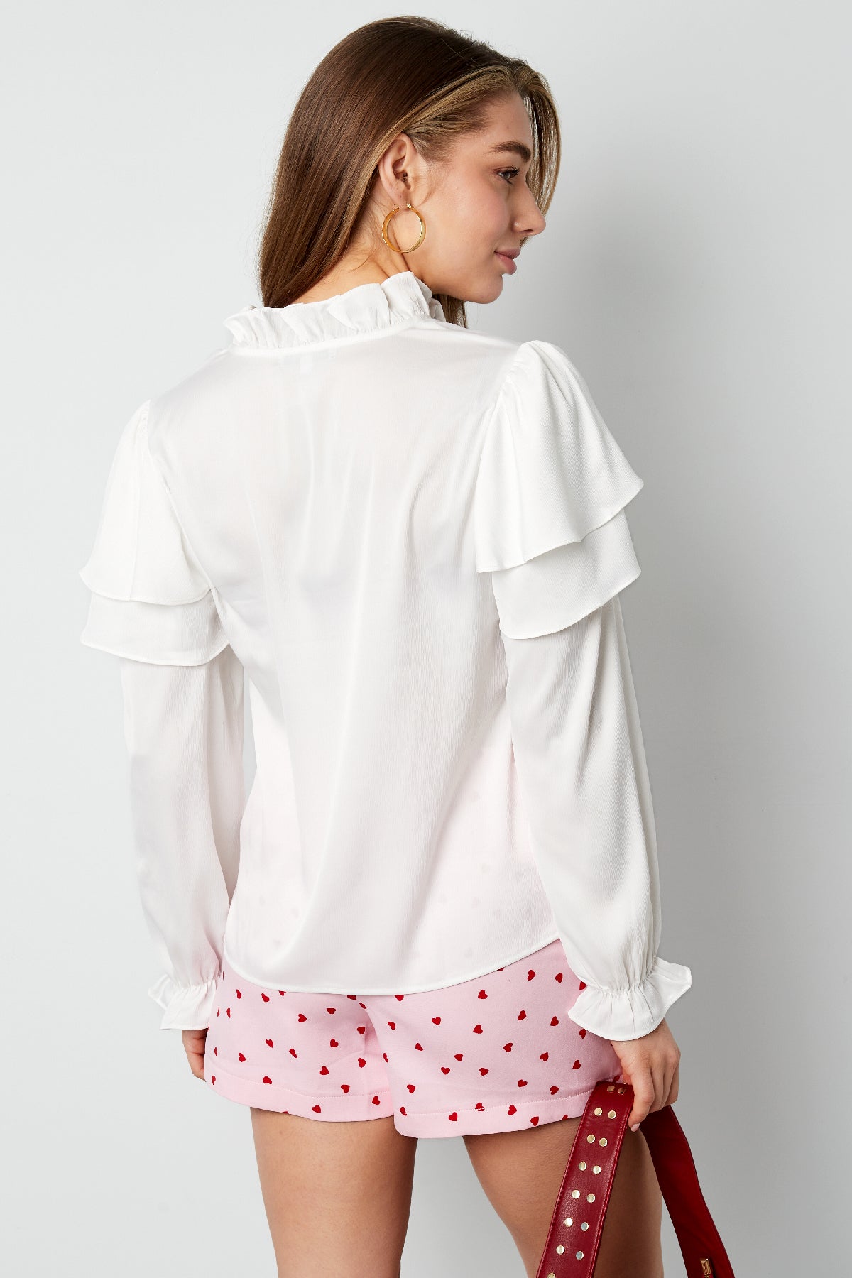 Polyester Women's Long Sleeve Top Ruffled V-Neck
