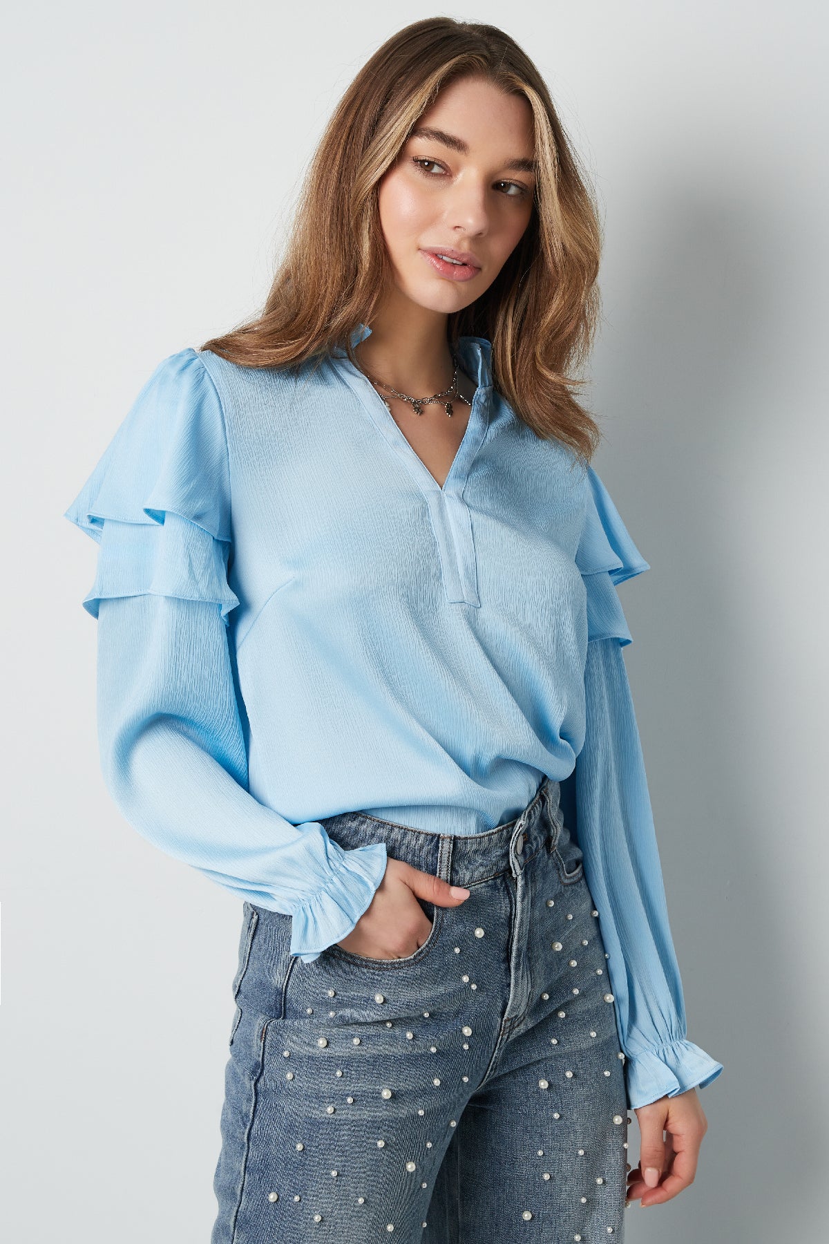 Polyester Women's Long Sleeve Top Ruffled V-Neck