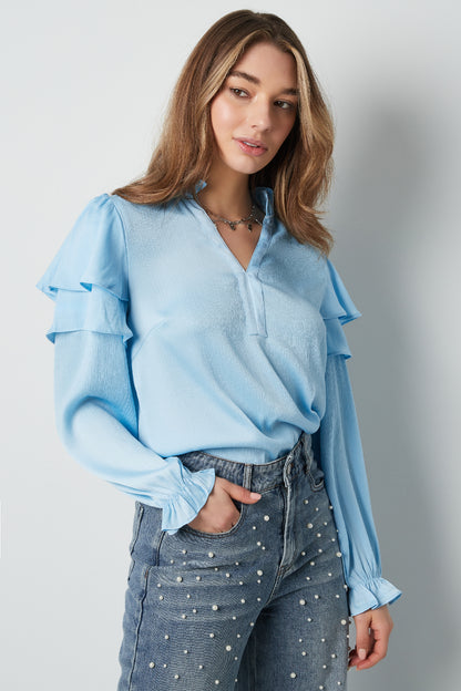 Polyester Women's Long Sleeve Top Ruffled V-Neck