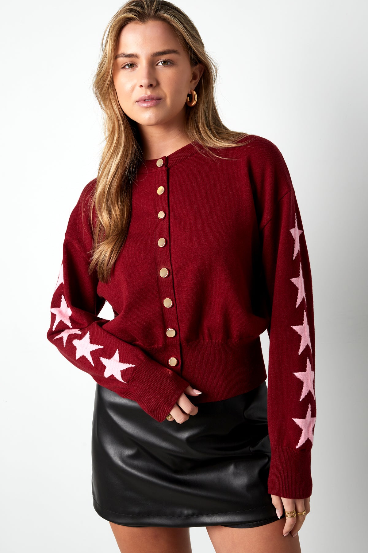 Viscose Knit Cardigan Women's Cropped Style Star Pattern