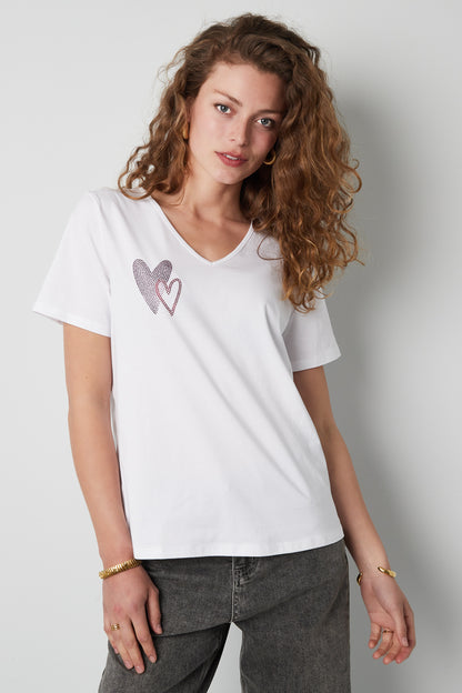 Cotton Women's V-Neck T-Shirt Embroidered Heart Design