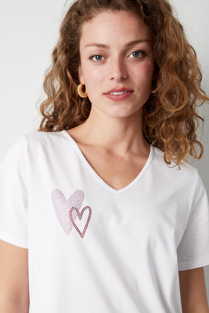 Cotton Women's V-Neck T-Shirt Embroidered Heart Design