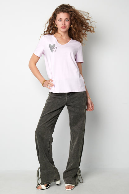 Cotton Women's V-Neck T-Shirt Embroidered Heart Design