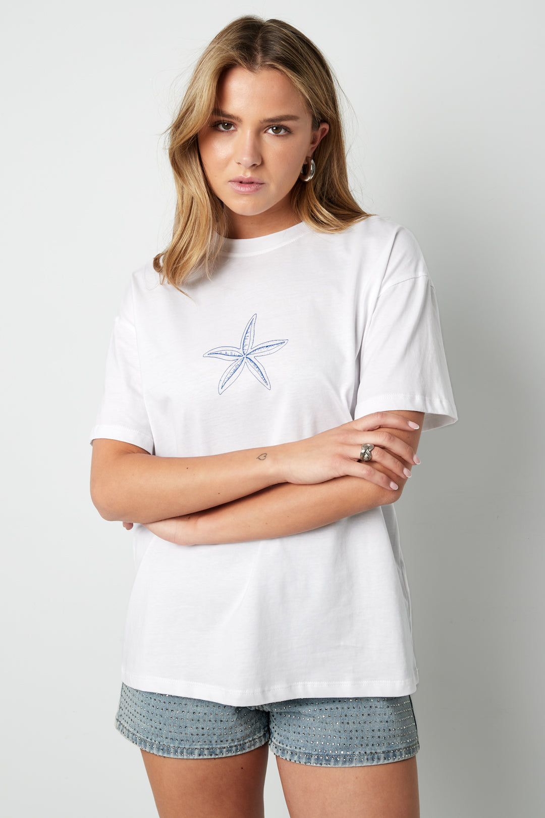 Cotton Women's T-shirt Casual Embroidered Starfish