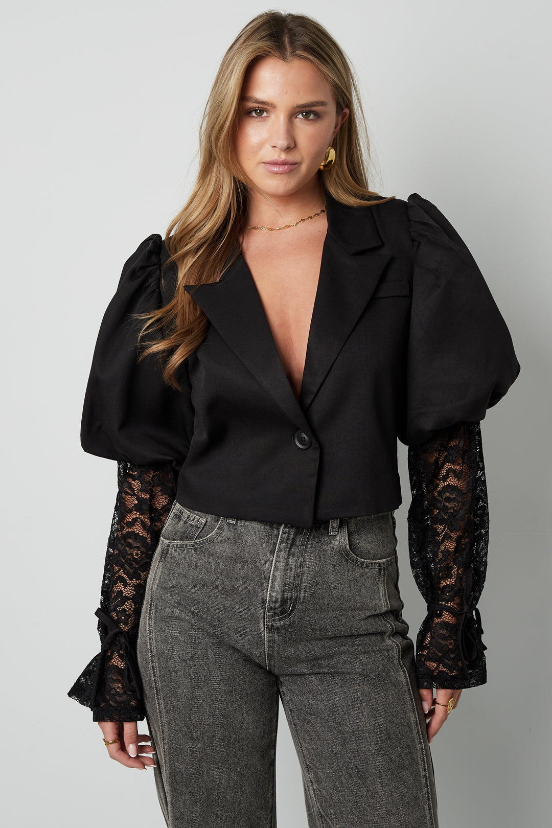 Cotton Blend Women's Blazer Puff Sleeve Lace Insert