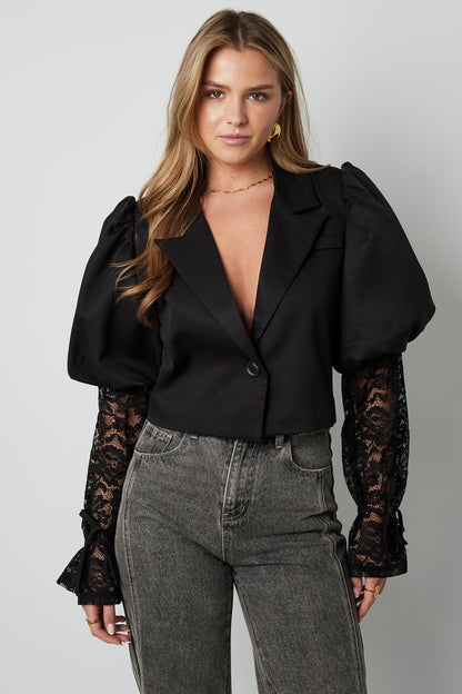 Cotton Blend Women's Blazer Puff Sleeve Lace Insert