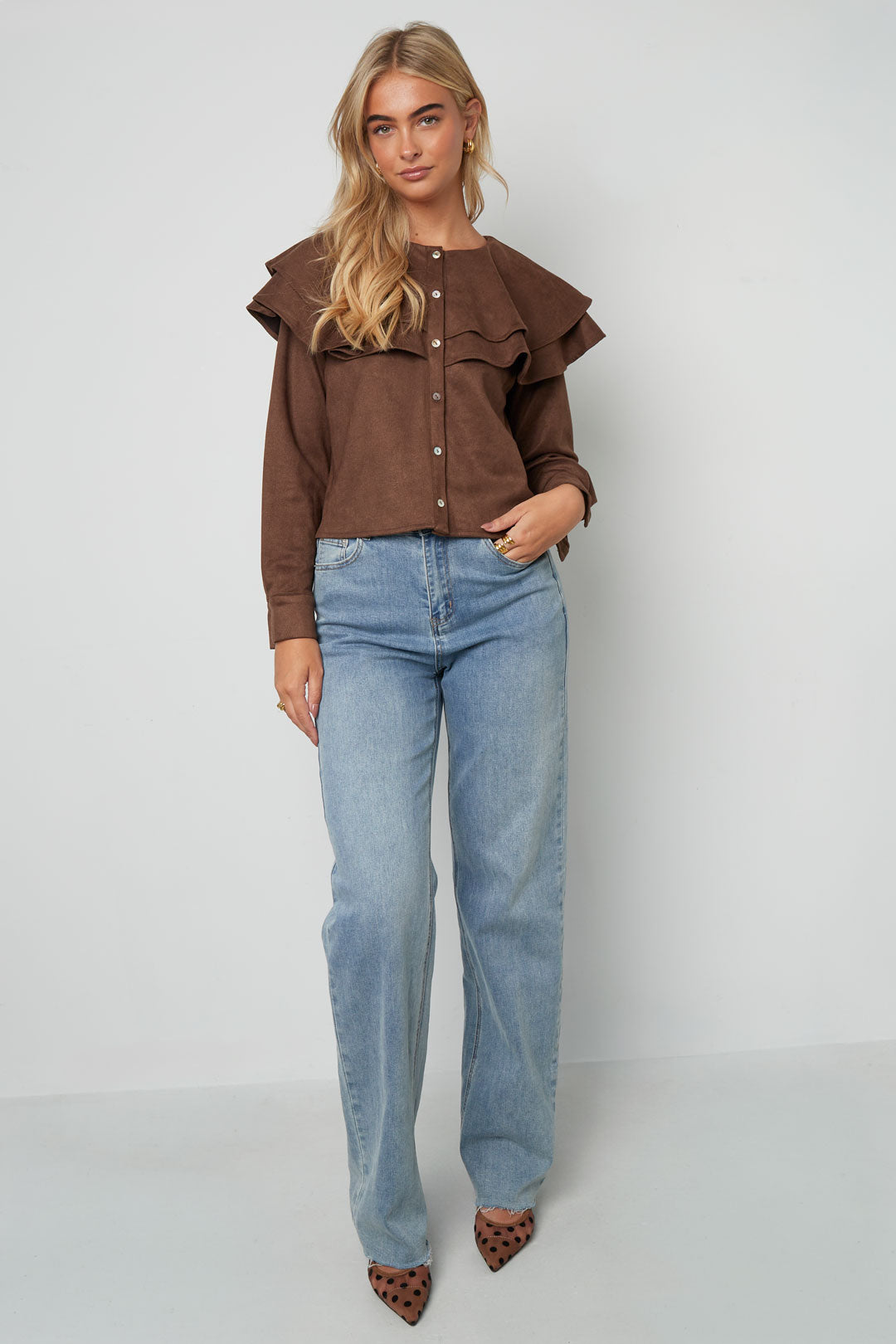 Woven Polyester Fiber Women's Blouse Elegant Ruffle Trim