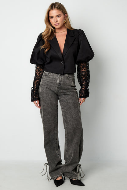 Cotton Blend Women's Blazer Puff Sleeve Lace Insert