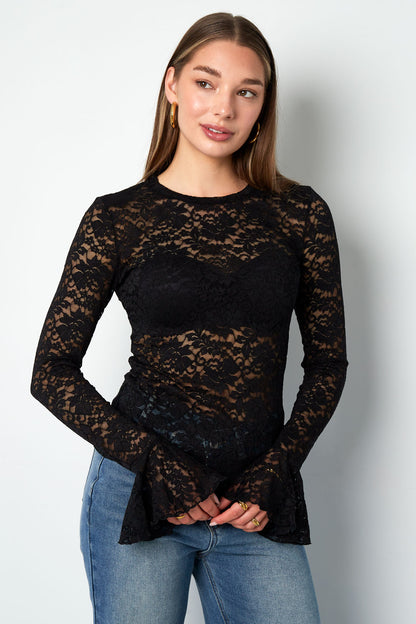 Woven Polyester Long Sleeve Tops Elegant Lace Panel