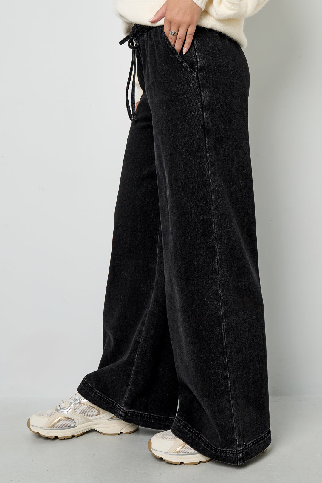 Woven Cotton Women's Wide Leg Denim Pants Sporty Solid Color