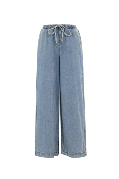 Woven Cotton Women's Wide Leg Denim Pants Sporty Solid Color