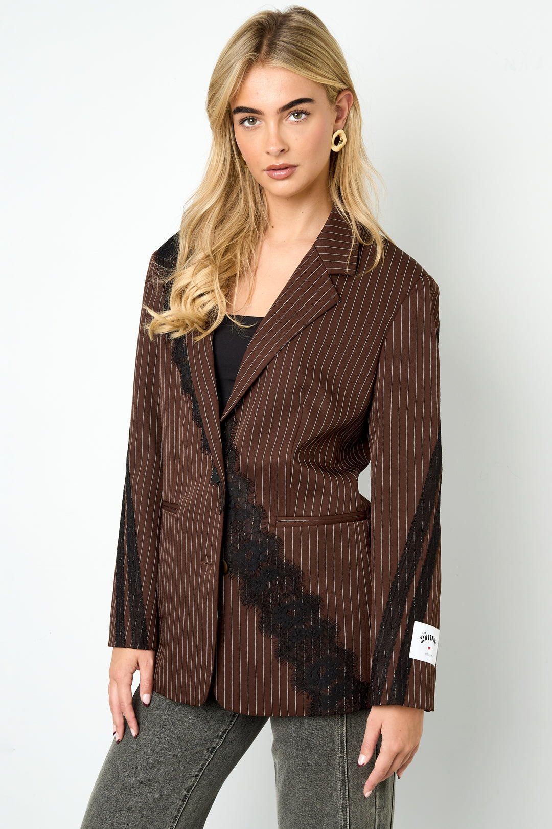 Woven Polyester Fiber Women's Suit Set Elegant Stripes Lace Panel