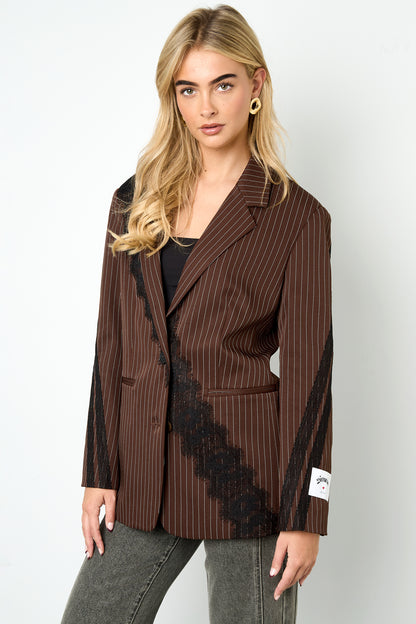 Woven Polyester Fiber Women's Suit Set Elegant Stripes Lace Panel