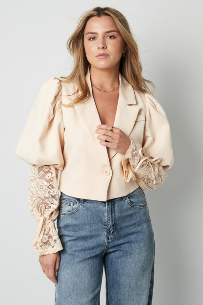 Cotton Blend Women's Blazer Puff Sleeve Lace Insert