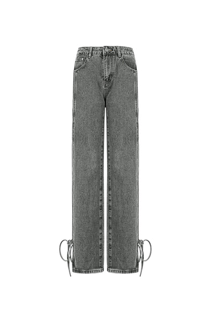 Cotton Woven Women's Straight Leg Denim Pants Casual Knot Detail