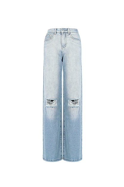 Cotton Woven Women's Straight Leg Jeans Ripped
