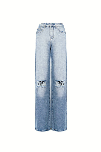 Cotton Woven Women's Straight Leg Jeans Ripped