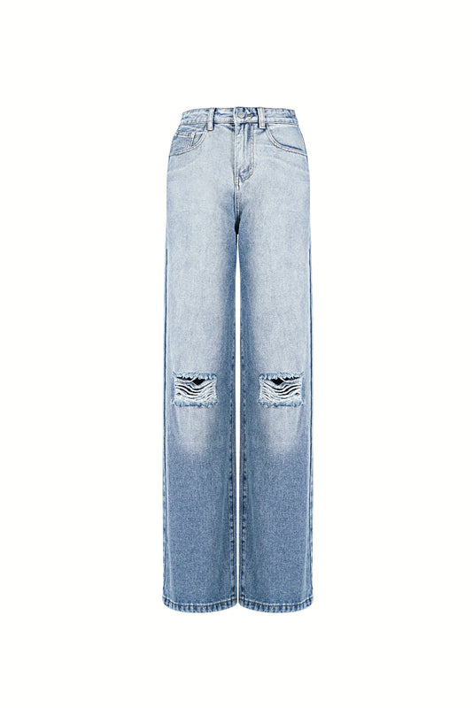 Cotton Woven Women's Straight Leg Jeans Ripped