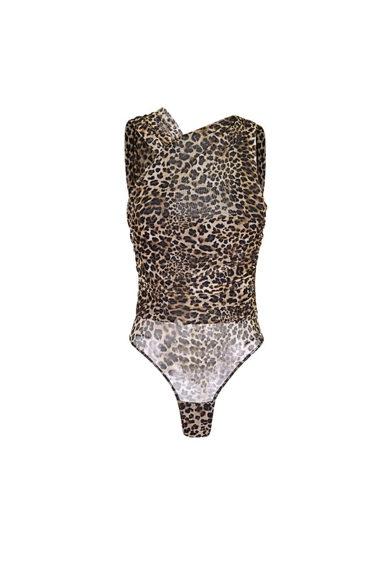 Knitted Polyester Fiber Women's Bodysuit Leopard Print Sporty