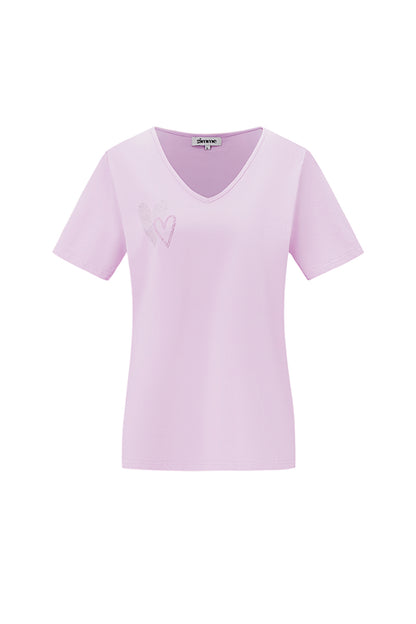 Cotton Women's V-Neck T-Shirt Embroidered Heart Design