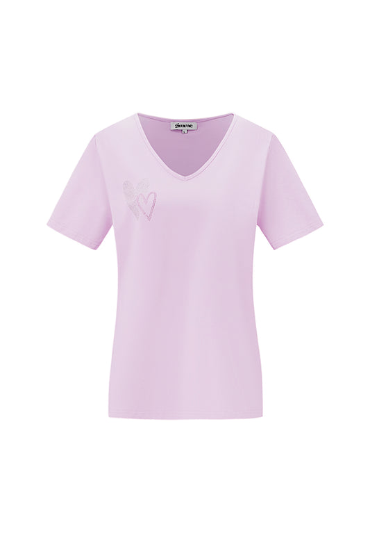 Cotton Women's V-Neck T-Shirt Embroidered Heart Design