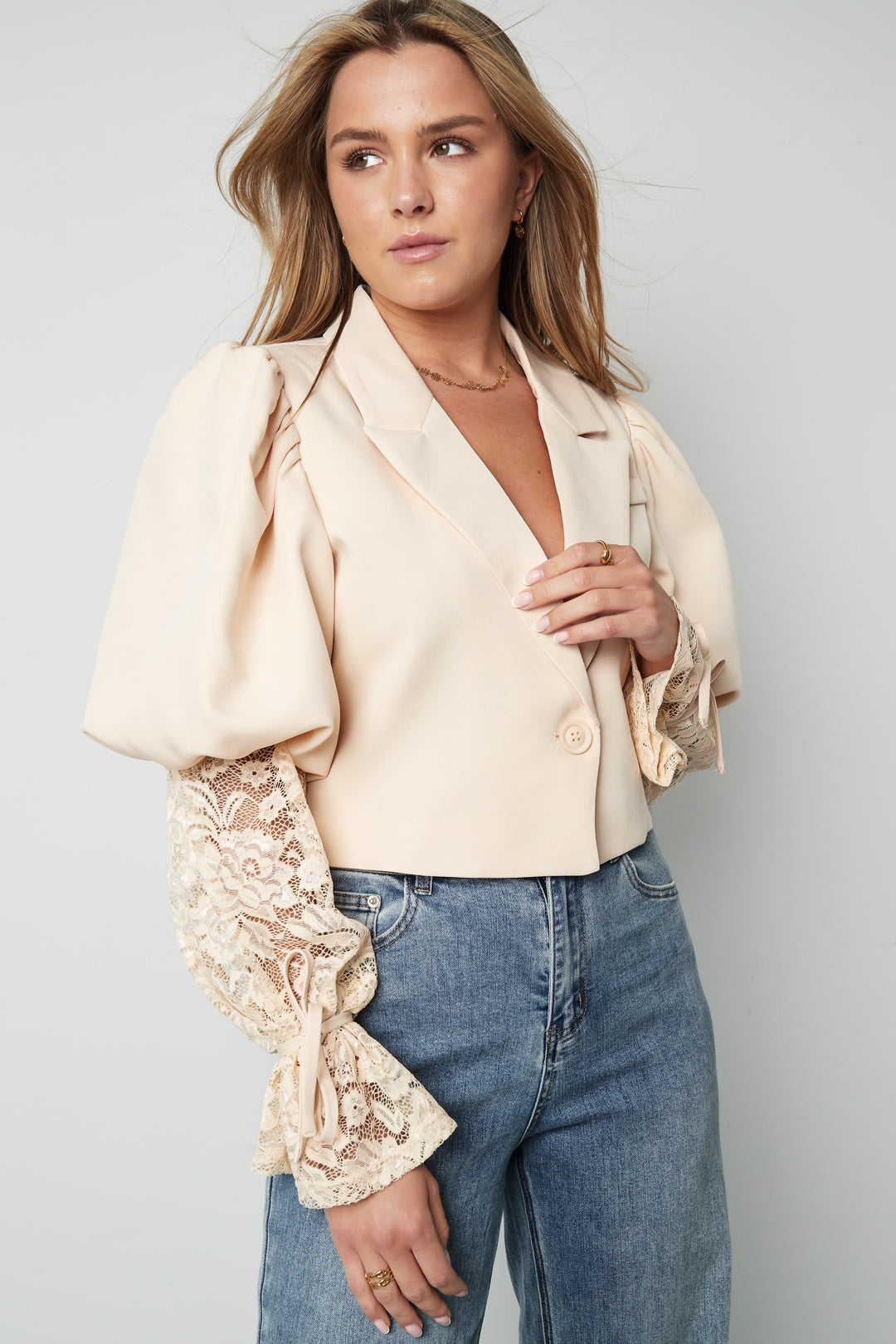 Cotton Blend Women's Blazer Puff Sleeve Lace Insert