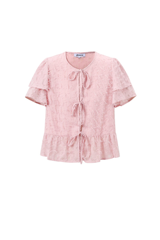 Woven Polyester Fiber Women's Short Sleeve Tops Elegant Tie-up Solid Color