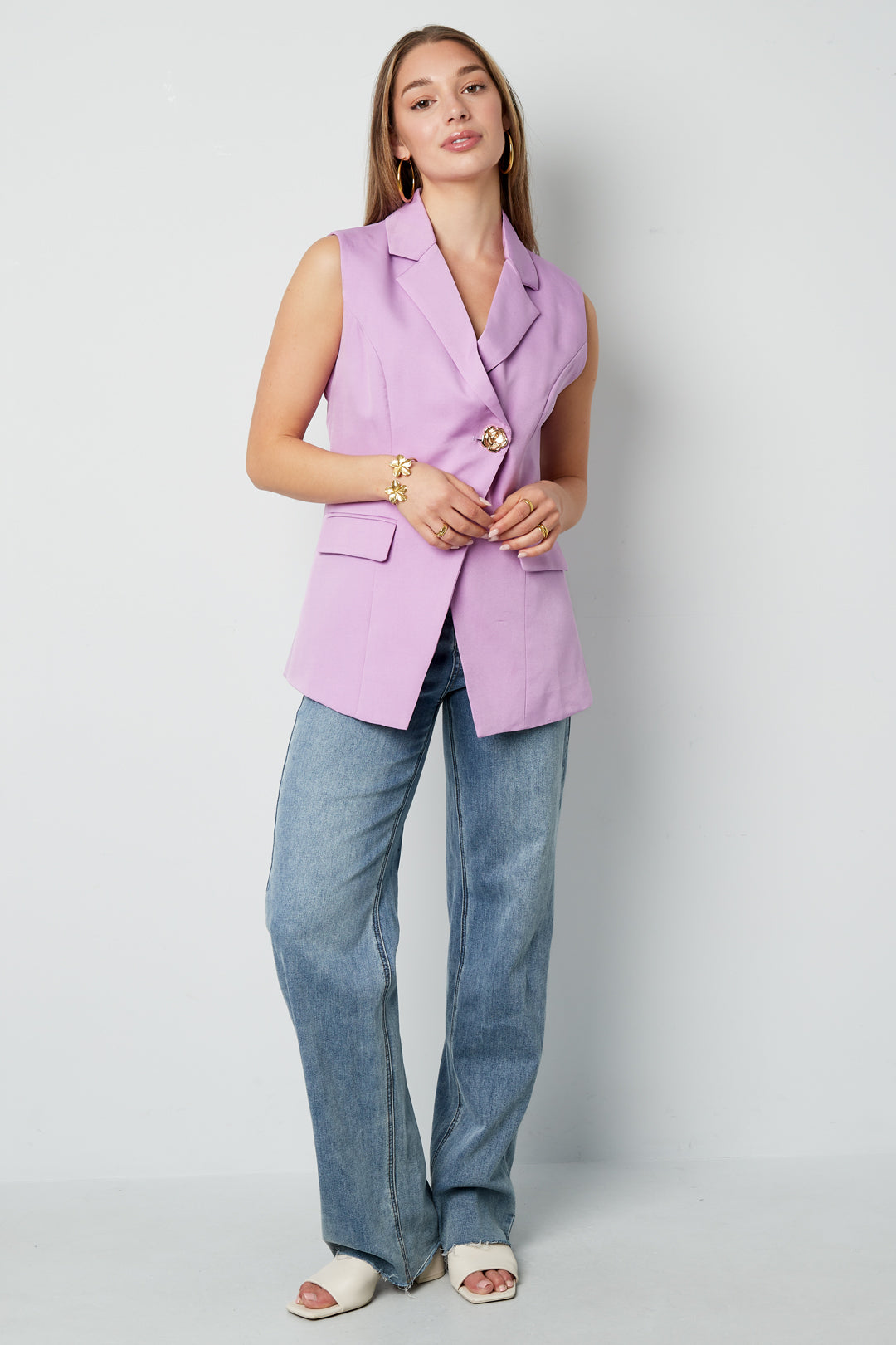 Woven Polyester Fiber Women's Sleeveless Blazer Casual Asymmetric Design