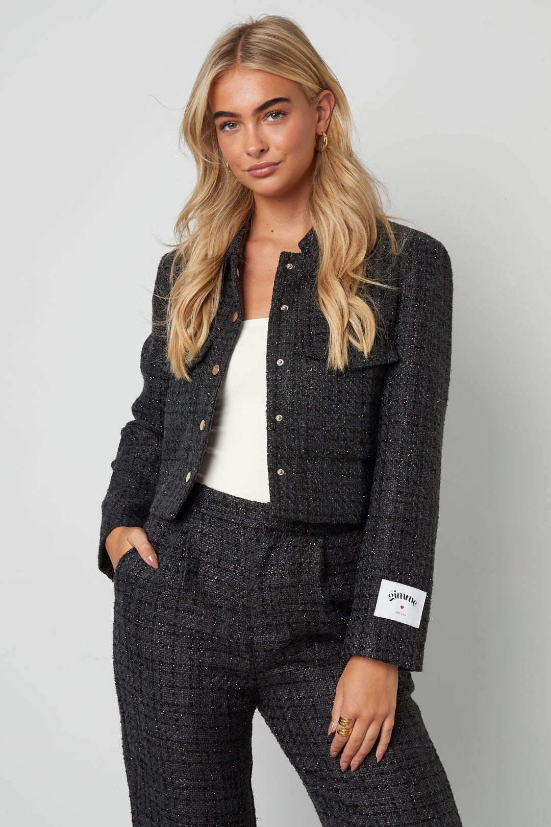 Woven Polyester Fiber Women's Jacket Elegant Checkered Statement