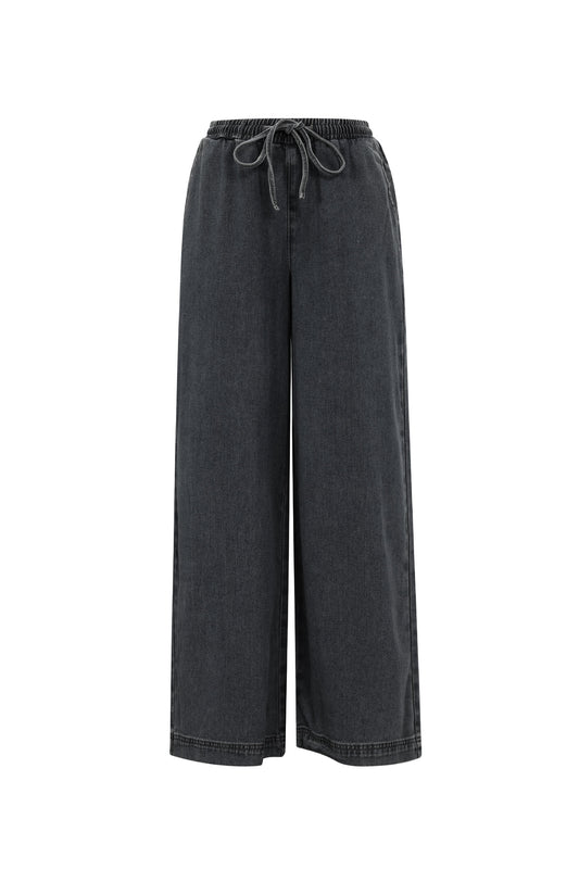 Woven Cotton Women's Wide Leg Denim Pants Sporty Solid Color