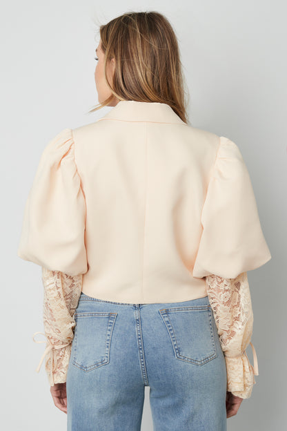 Cotton Blend Women's Blazer Puff Sleeve Lace Insert
