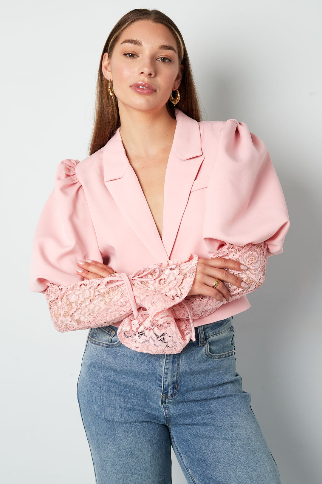 Cotton Blend Women's Blazer Puff Sleeve Lace Insert