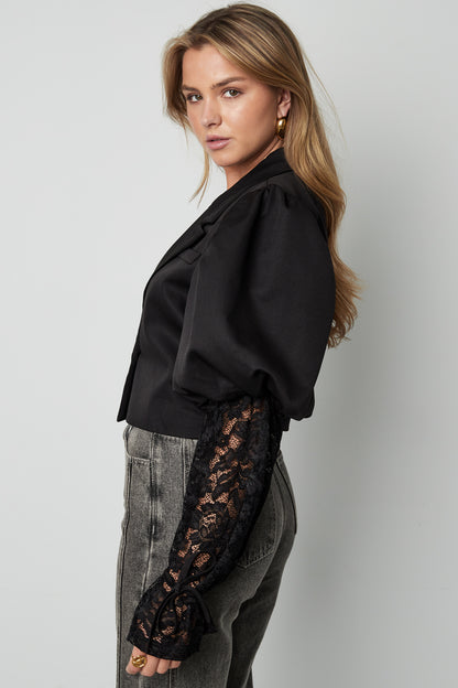 Cotton Blend Women's Blazer Puff Sleeve Lace Insert