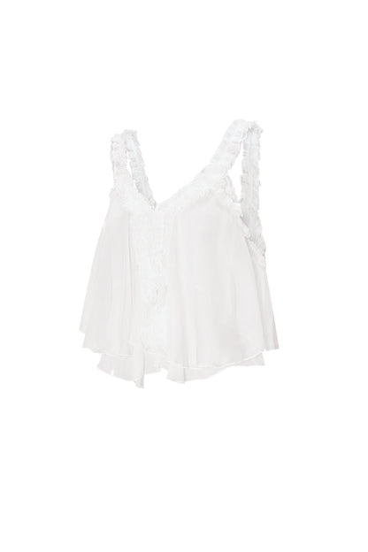 Woven White Sleeveless Top Casual Solid Color Ruffle Edge