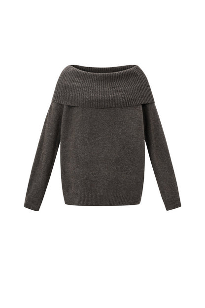 Knitted Polyester Fiber Women's Off-Shoulder Sweater Elegant Solid Color