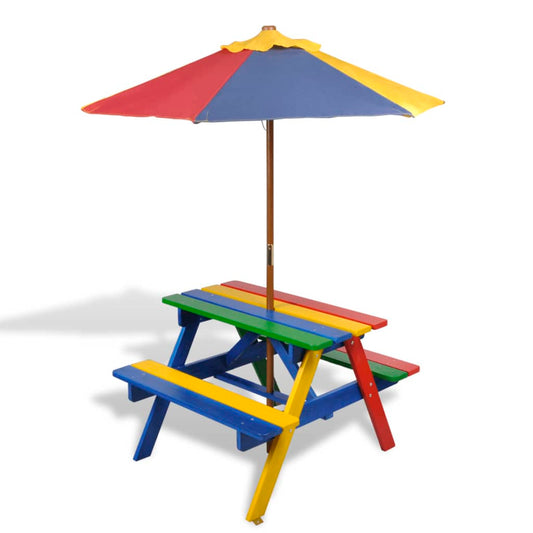 Kinderpicknicktafel Met Banken En Parasol Hout Meerkleurig