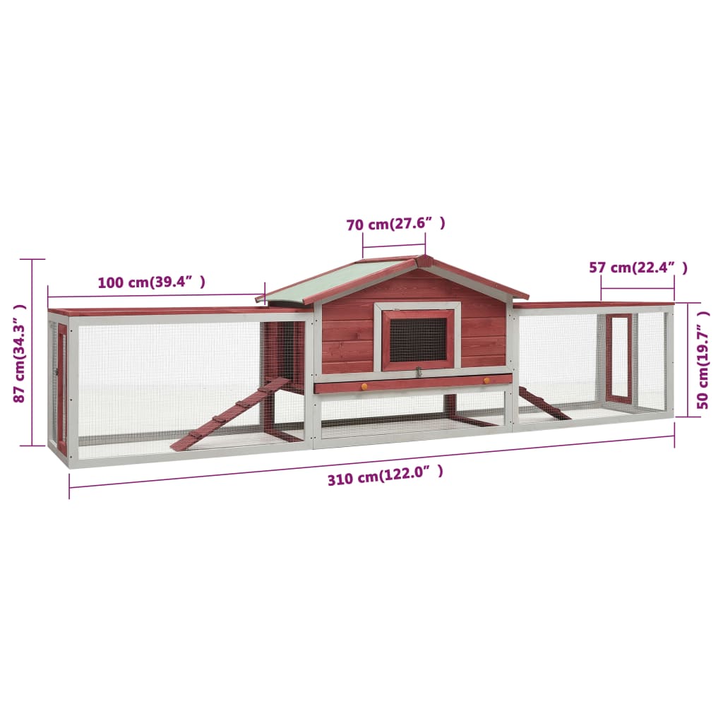 Konijnenhok 310X70X87 Cm Massief Grenen- En Vurenhout Rood