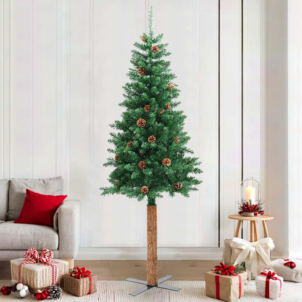 Kerstboom Met Echt Hout En Dennenappels Smal 150 Cm Pvc Groen