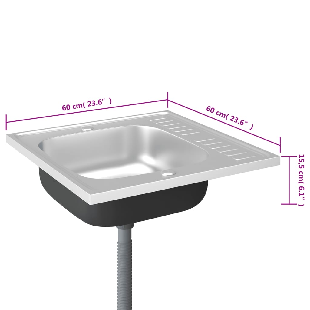 Gootsteen Met Afvoerset 600X600X155 Mm Roestvrij Staal Zilver