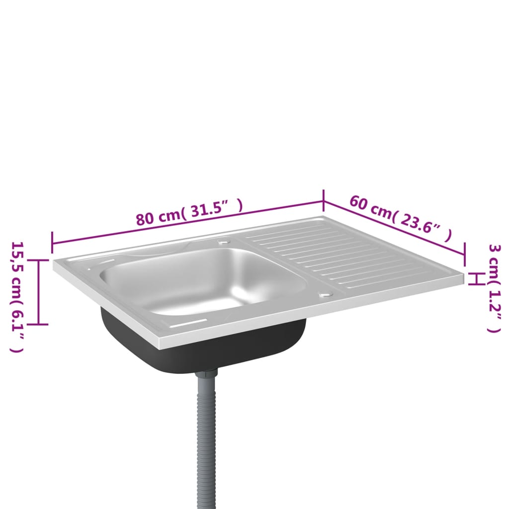 Gootsteen Met Afvoerset 800X600X155 Mm Roestvrij Staal Zilver