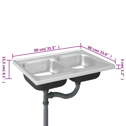 Gootsteen Met Dubbele Bak 800X600X155 Mm Roestvrij Staal Zilver